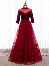 Burgund Tulle Velvet Half Sleeve Beading Prom Dress
